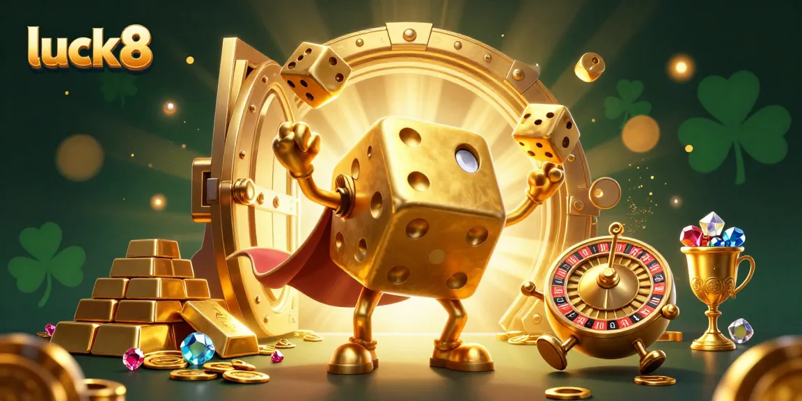 Experience luck8's thrilling ventures with dynamic golden dice and treasure in this engaging casino illustration.