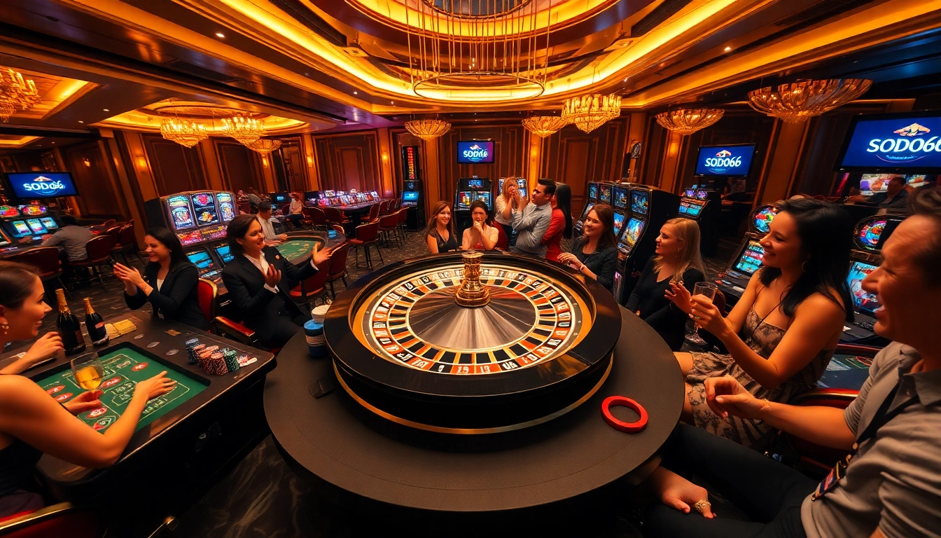 Players enjoy the thrilling experience at SODO66 casino, celebrating wins at poker tables and roulette wheels.