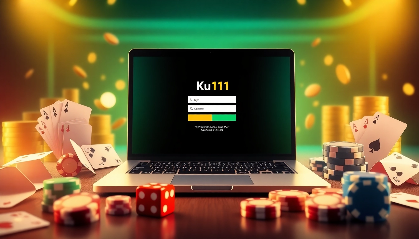 Ku1111 đăng nhập on a laptop screen with casino elements, showcasing a vibrant online gambling scene.