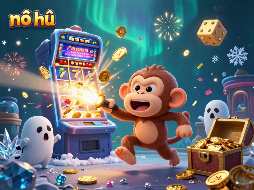 Experience thrilling nổ hũ action with golden coins, slots, and a curious puppy tracking a playful monkey.