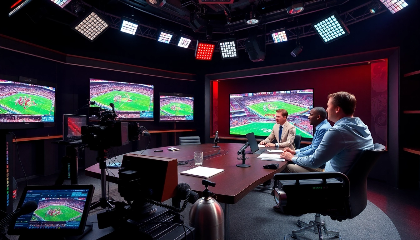 Engaging moment in sports broadcasting with dynamic presenters and technology in a modern studio.