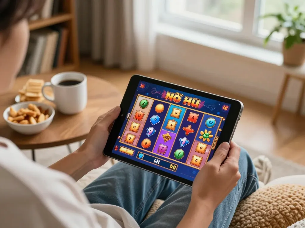 Nổ hũ gameplay showcased on a tablet in a cozy home environment, demonstrating a casual gaming experience.
