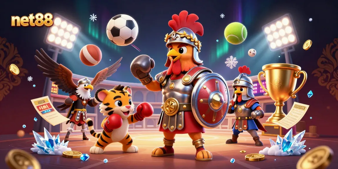 Experience thrilling action at net88 with gladiator rooster and sports elements in a vibrant arena.