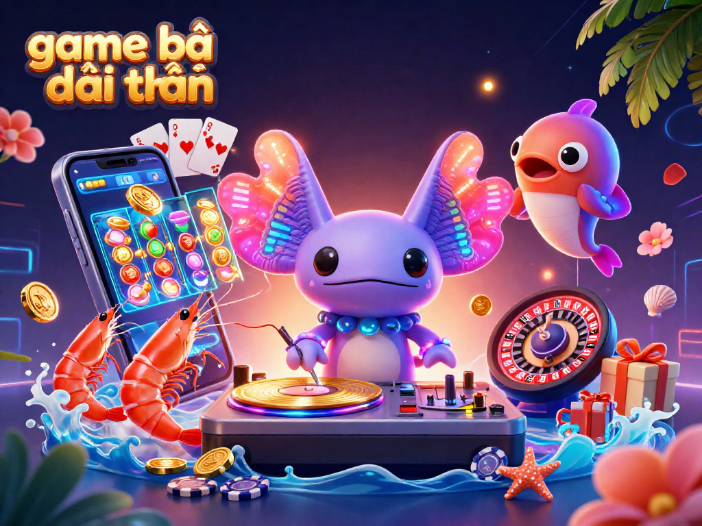 Engage in game bài đổi thưởng with a vibrant 3D scene featuring a neon axolotl DJ and lively sea creatures.