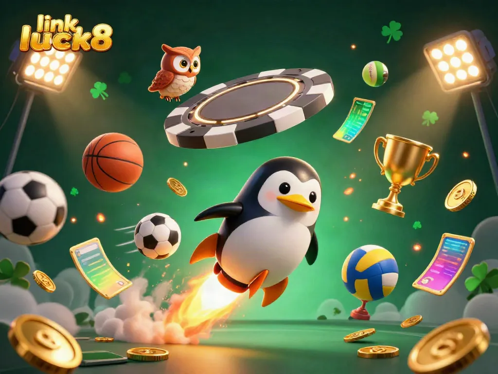 Experience the thrill of link luck8 with golden penguins, sports elements, and casino visuals.