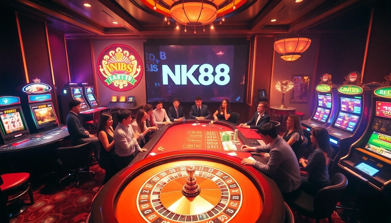 Excited players engaging in a lively casino scene at https://nk88s.net/ with vibrant roulette and poker tables.