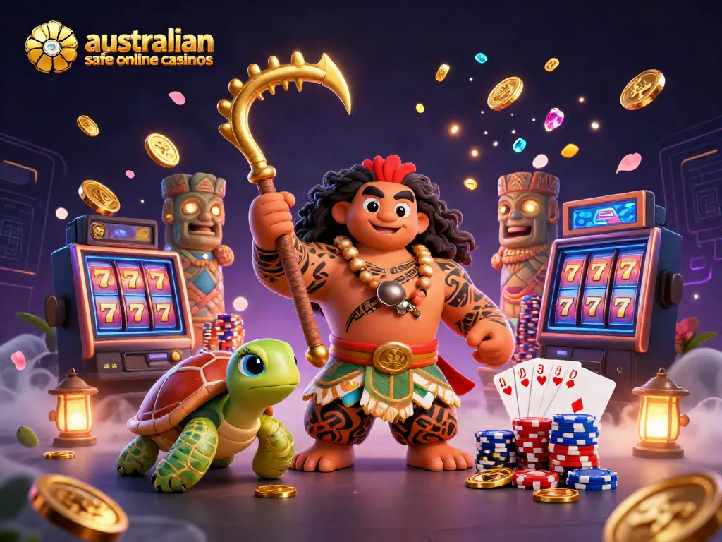 Experience the excitement of australian safe online casinos with a vibrant 3D casino scene featuring a demigod and treasure elements.