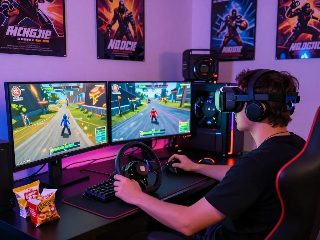 Exciting gaming setup showcasing immersive porn games experience with vibrant RGB lighting and intense gameplay.
