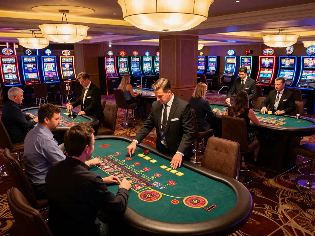 Engaging gameplay at BJ88 casino, showcasing players at various tables and vibrant slot machines.
