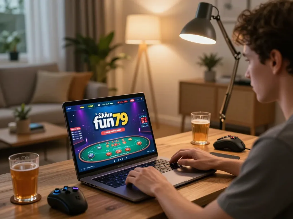 Engaging in khuyến mãi fun79 while enjoying a live casino game on a laptop in a cozy home setting