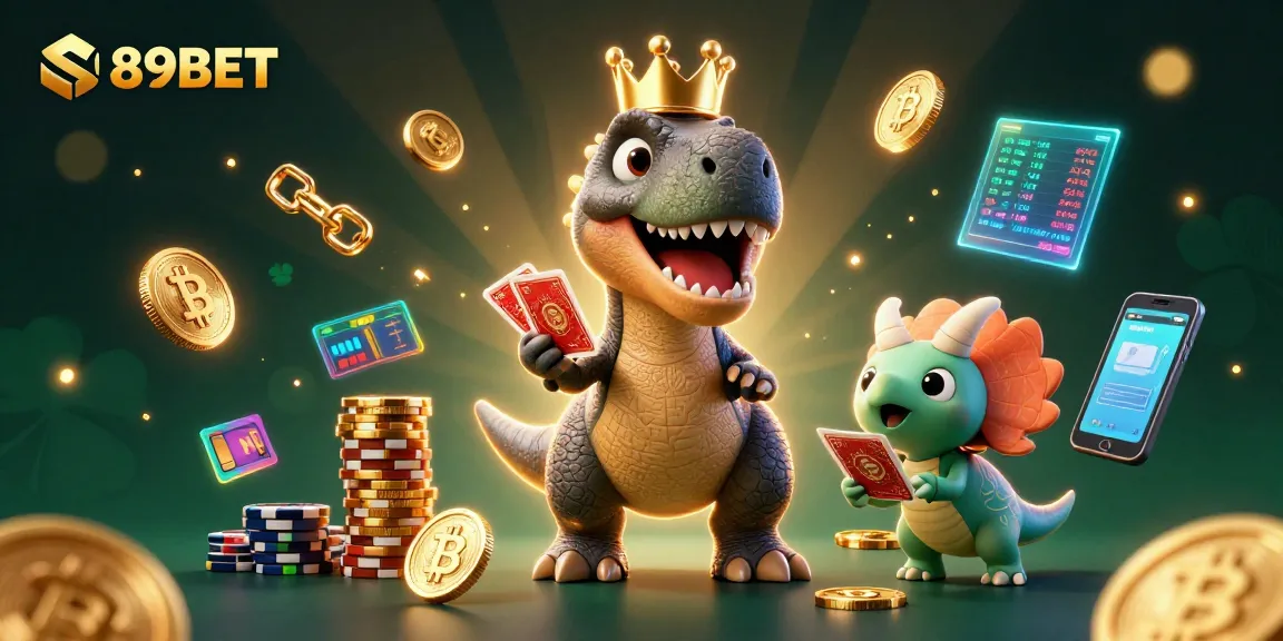 Join the excitement of 89BET with a fun 3D T-Rex and friends playing cards amidst golden coins.