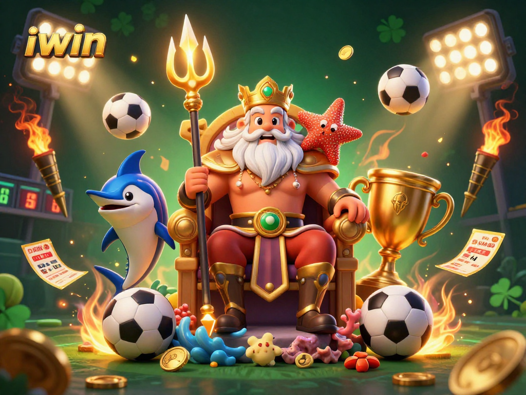 Join the iwin action with sea king Neptune and sports elements in this vibrant 3D illustration.
