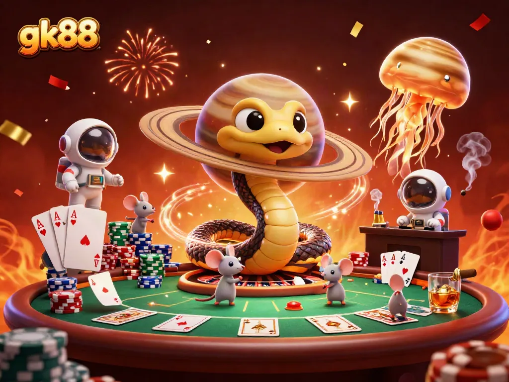 Experience thrilling bets at gk88 with a 3D casino illustration featuring unique cosmic characters.