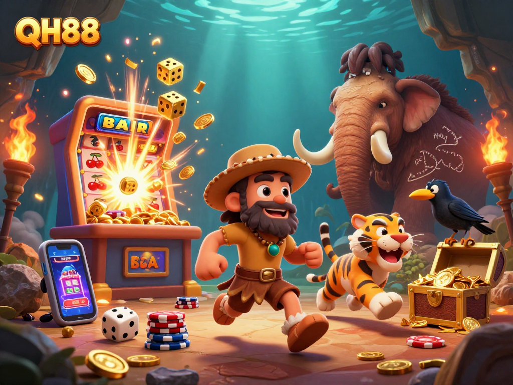 QH88 invites players to enjoy a vibrant 3D casino scene with engaging slot action and lively characters.