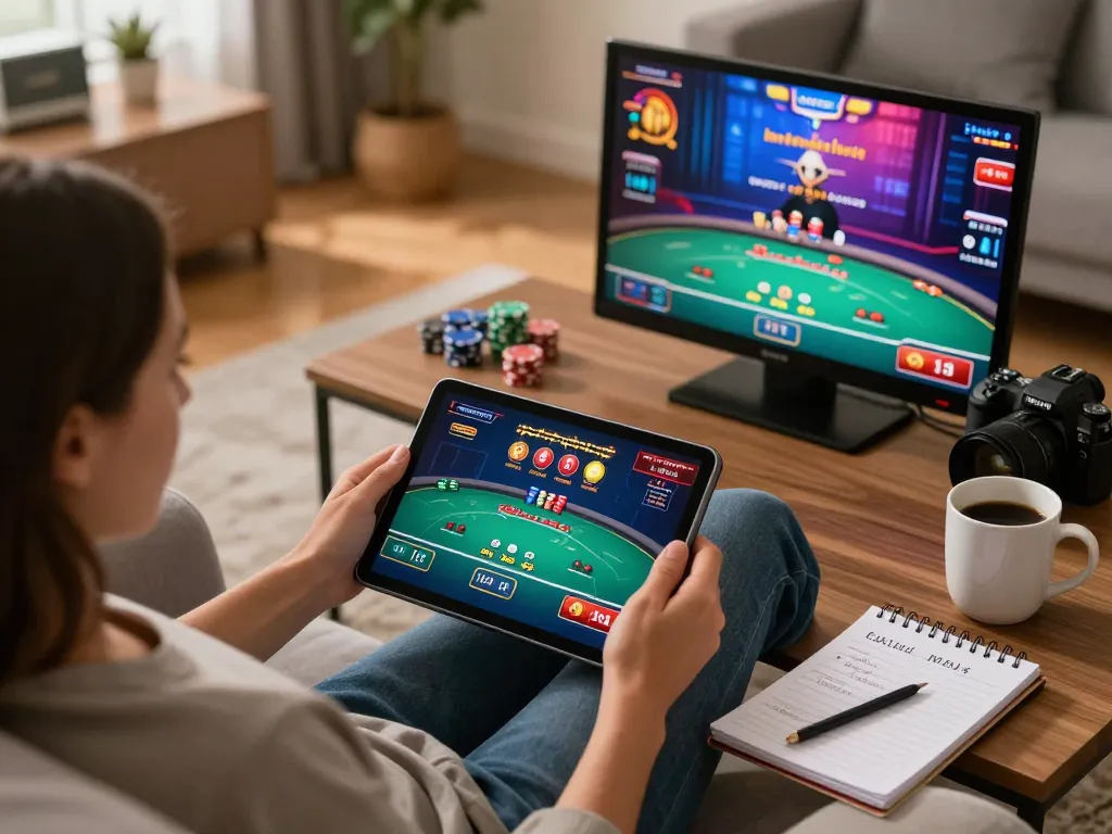 Engaging online gaming scene with sc88 poker gameplay on tablet, cozy home atmosphere