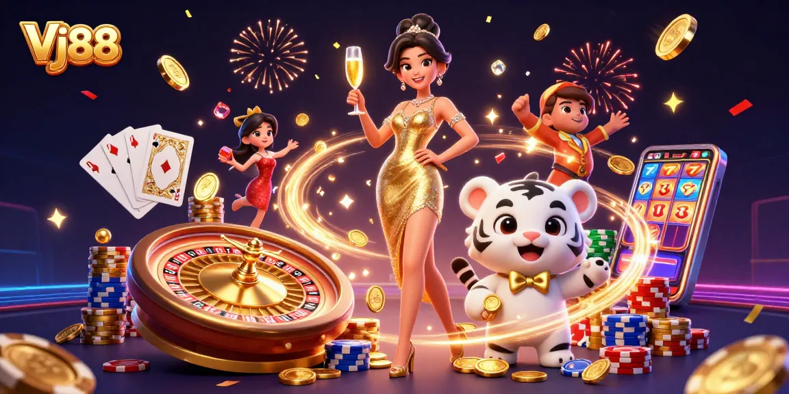 Engage in thrilling gameplay at Vj88 with captivating 3D graphics and lively casino elements.