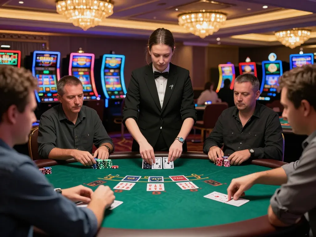 SC88 players enjoy intense blackjack game at a vibrant casino table with professional dealer