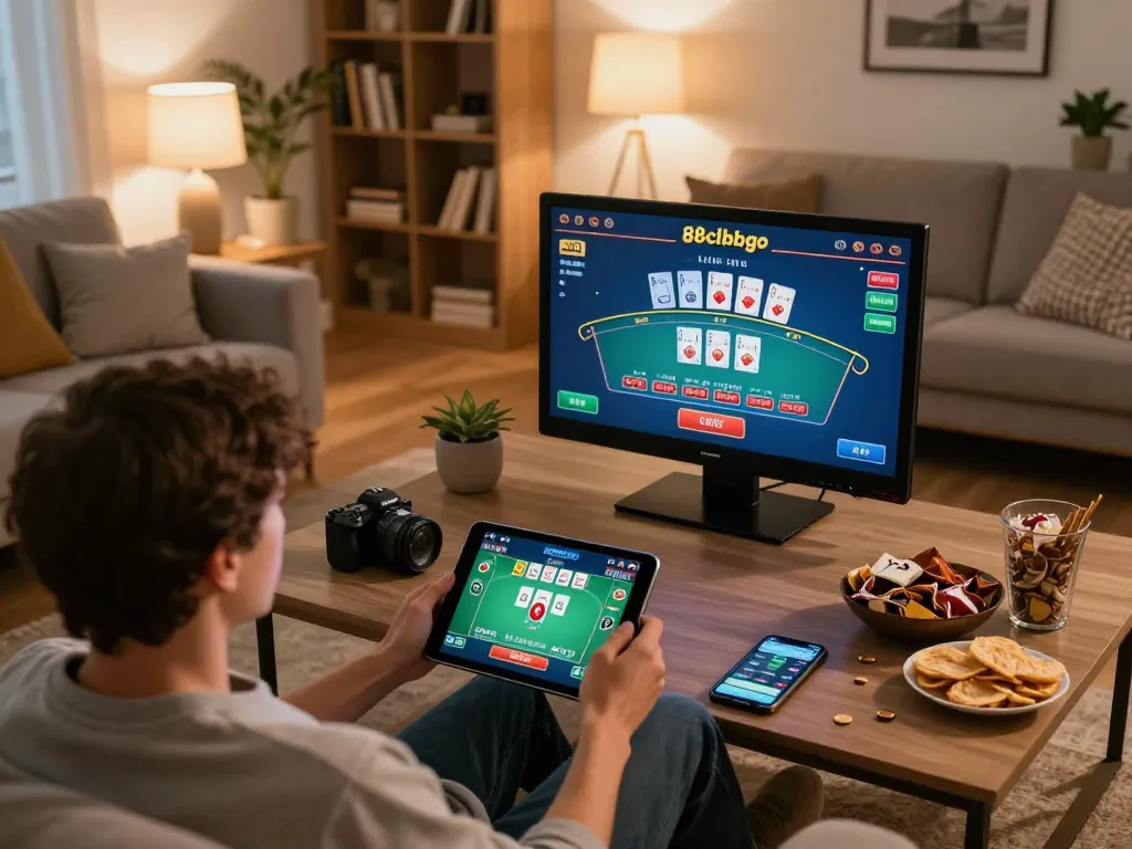 Player engaging in live blackjack game on 88clbgo tablet in a cozy home setting