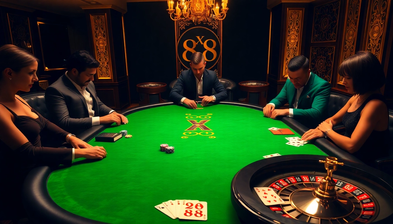 Players engaging in high-stakes poker at an elegant casino highlighting X 88.