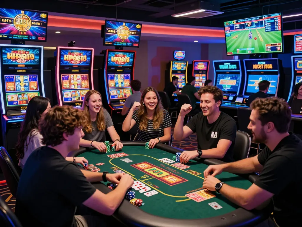 Exciting gem88 online casino atmosphere with diverse players engaging in gaming activities.