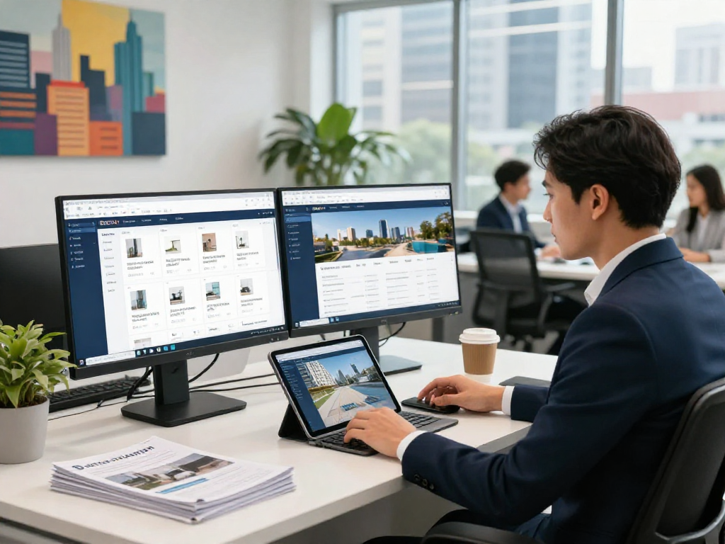 Agent using IDXSTAR software to showcase property listings in a modern real estate office setting.