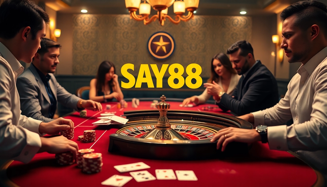 Experience thrilling casino action with SAY88, showcasing elegant gaming tables filled with chips and cards.