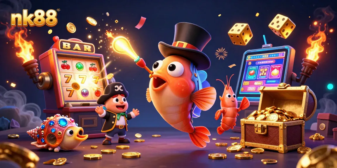 Play and win with nk88 at this vibrant 3D casino scene showcasing exciting game elements and characters.