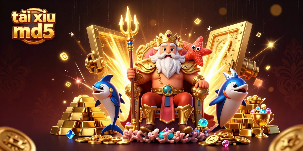 Experience the excitement of tài xỉu md5 with Neptune and treasure in a vibrant casino scene.
