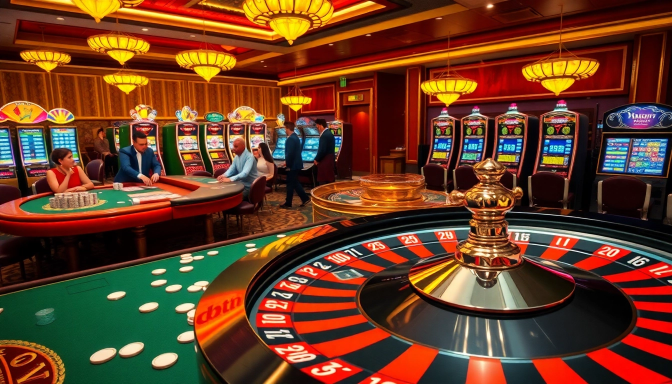 Experience the excitement of nk88 with gamblers at a roulette table and vibrant slot machines.