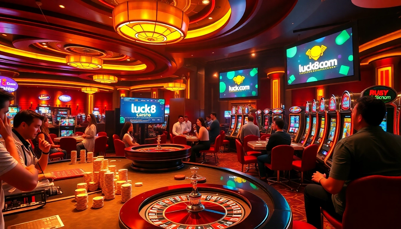 Players enjoying poker and slots at luck8.com casino with vibrant, luxurious atmosphere.