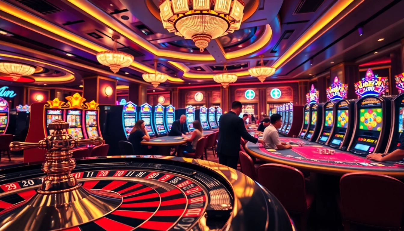 Experience kèo nhà cái excitement at a vibrant casino, highlighting players at poker and roulette tables.