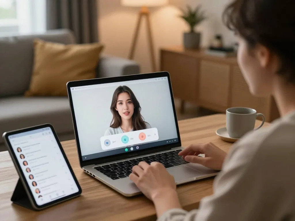 User engaging in ai porn chat with sophisticated AI character on laptop in modern home office.