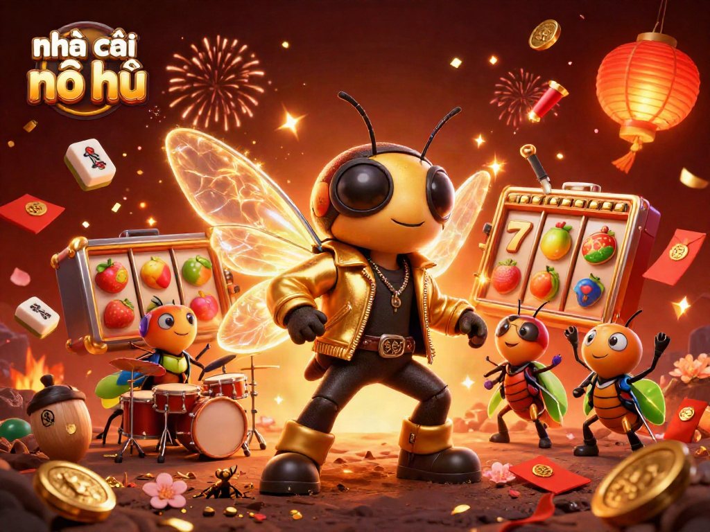 Experience the excitement of nhà cái nổ hũ with vibrant slot reels and celebratory fireworks.