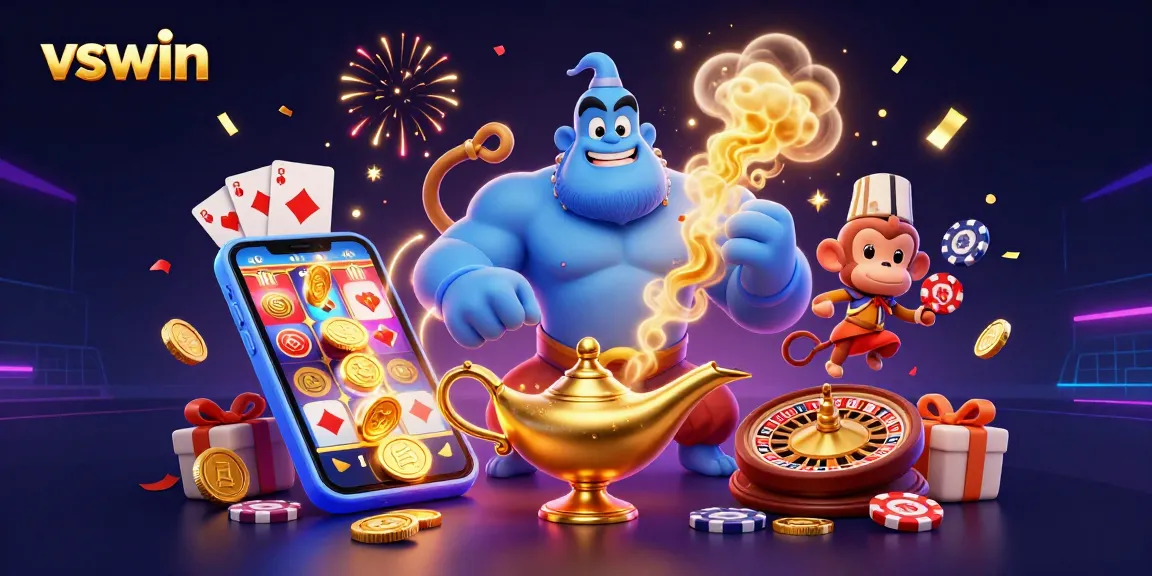 Experience vswin's vibrant casino action showcasing a muscular genie, monkey, and magic carpet with gaming elements.