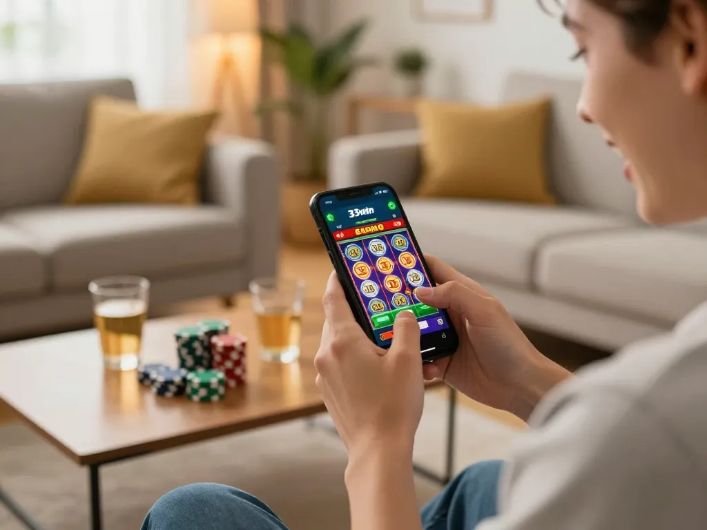 A player enjoying the 33win casino app on their smartphone, immersed in an exciting slot game experience.