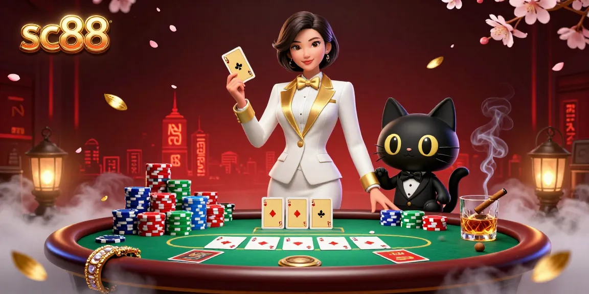 Engage in thrilling gameplay at SC88 with glamorous card shufflers and vibrant poker elements.