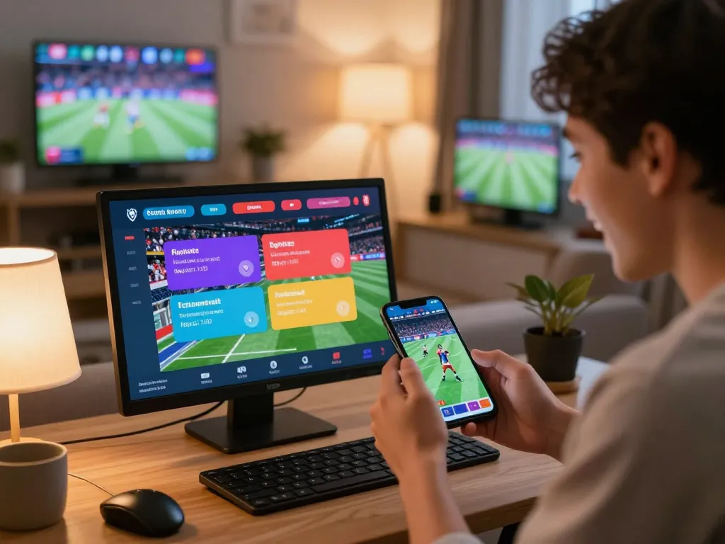Engaging user betting on 1GOM platform with smartphone in cozy living room