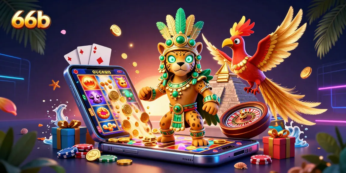 Engage with thrilling slot games at 66b; a Mayan priest channels luck amid vibrant casino elements.