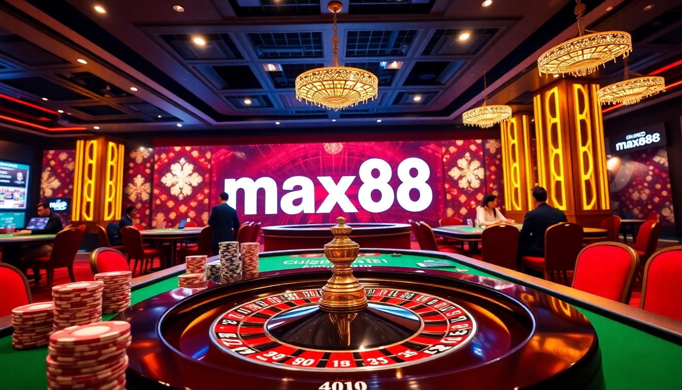 Experience the excitement of nhà cái max88 with players at a vibrant casino table featuring poker chips and roulette.