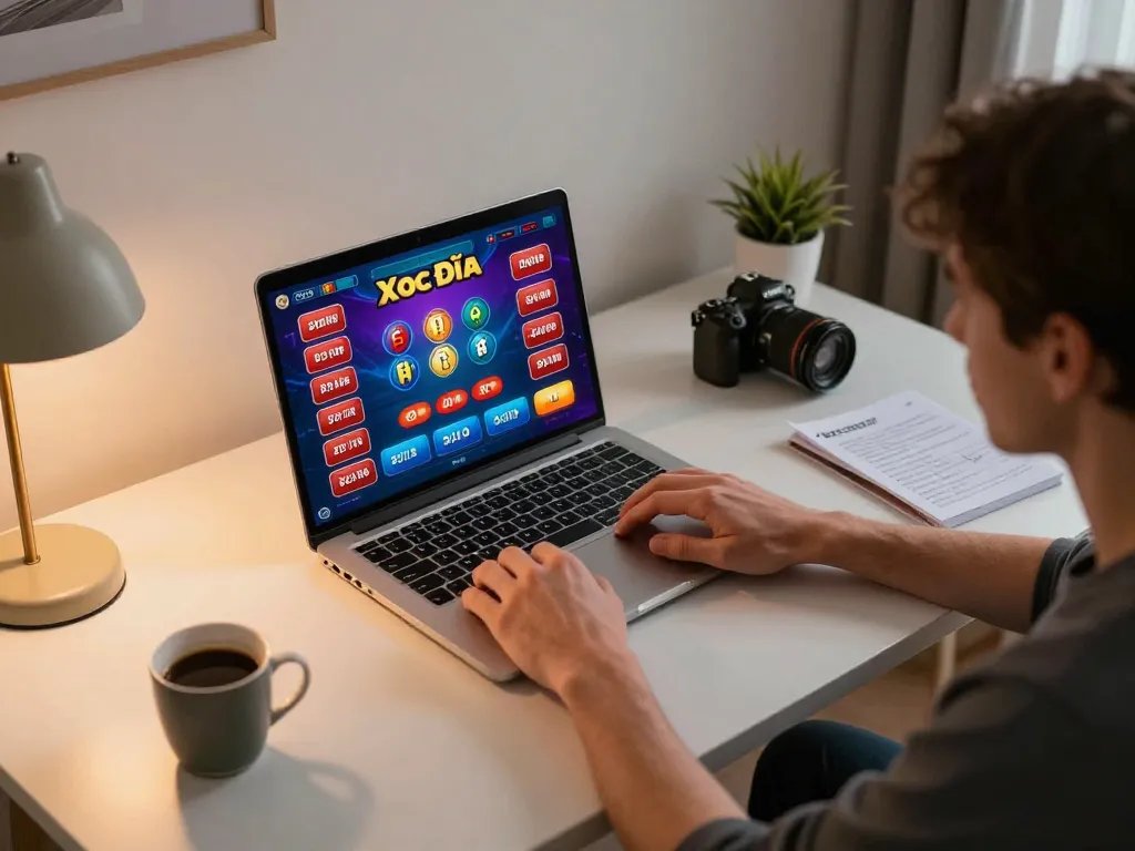 Xocdiaonline gaming scene with a player engaged at their desk, showcasing online betting strategy
