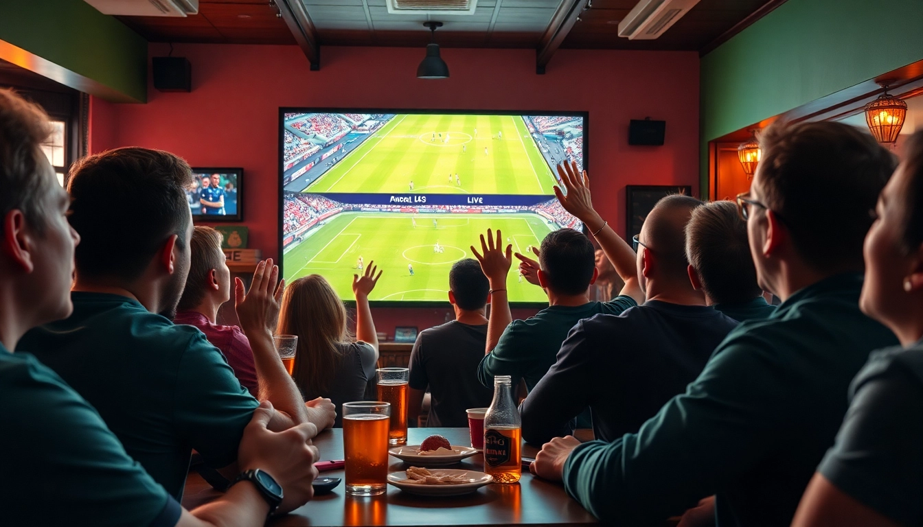 Excited fans enjoying a live soccer match at https://socolive.spot/ in a vibrant sports bar setting.