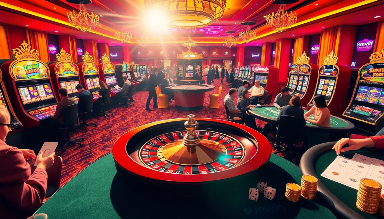 Excited players enjoying a sunwin gambling experience at a luxury casino with vibrant slot machines.