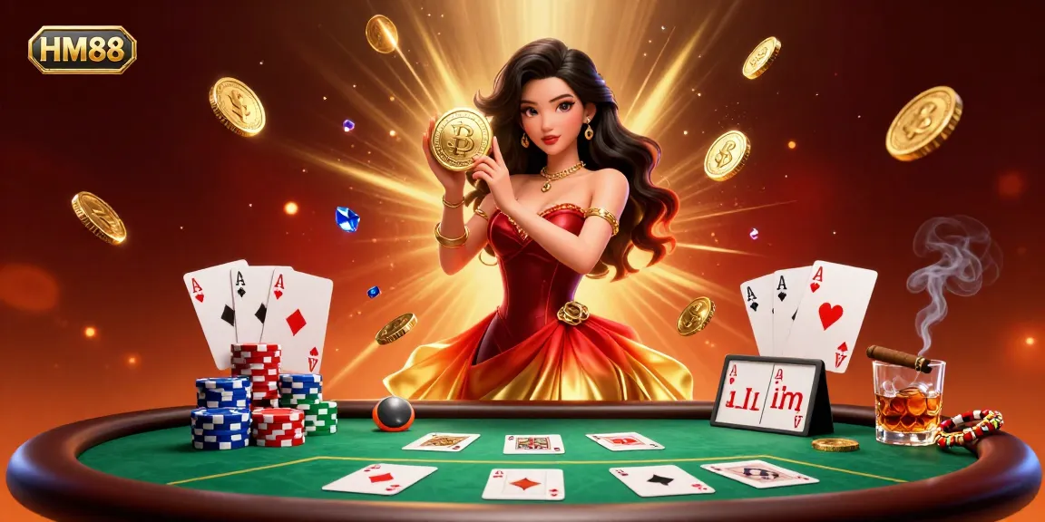 Experience the excitement of HM88 with a stunning illustration featuring an Asian woman holding a golden coin amidst a rich casino backdrop.