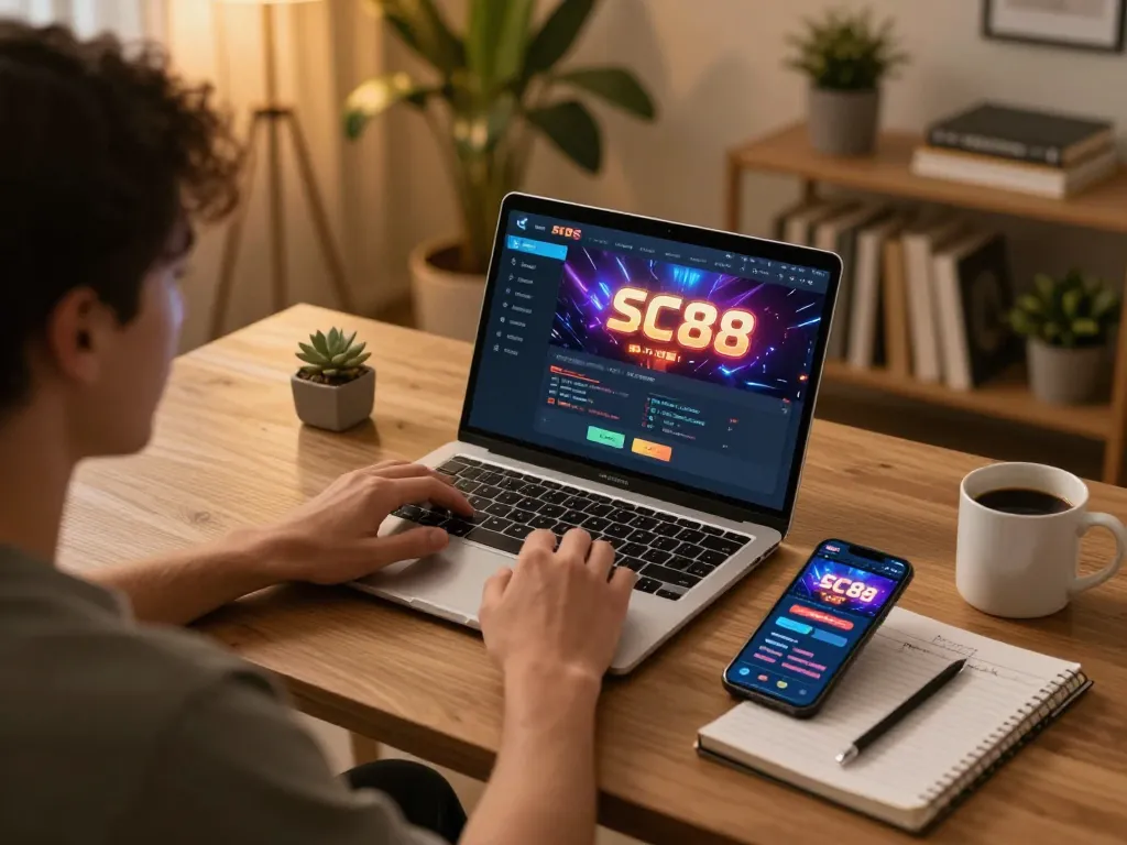 Player engaging with SC88 casino app on laptop and smartphone in cozy home setting