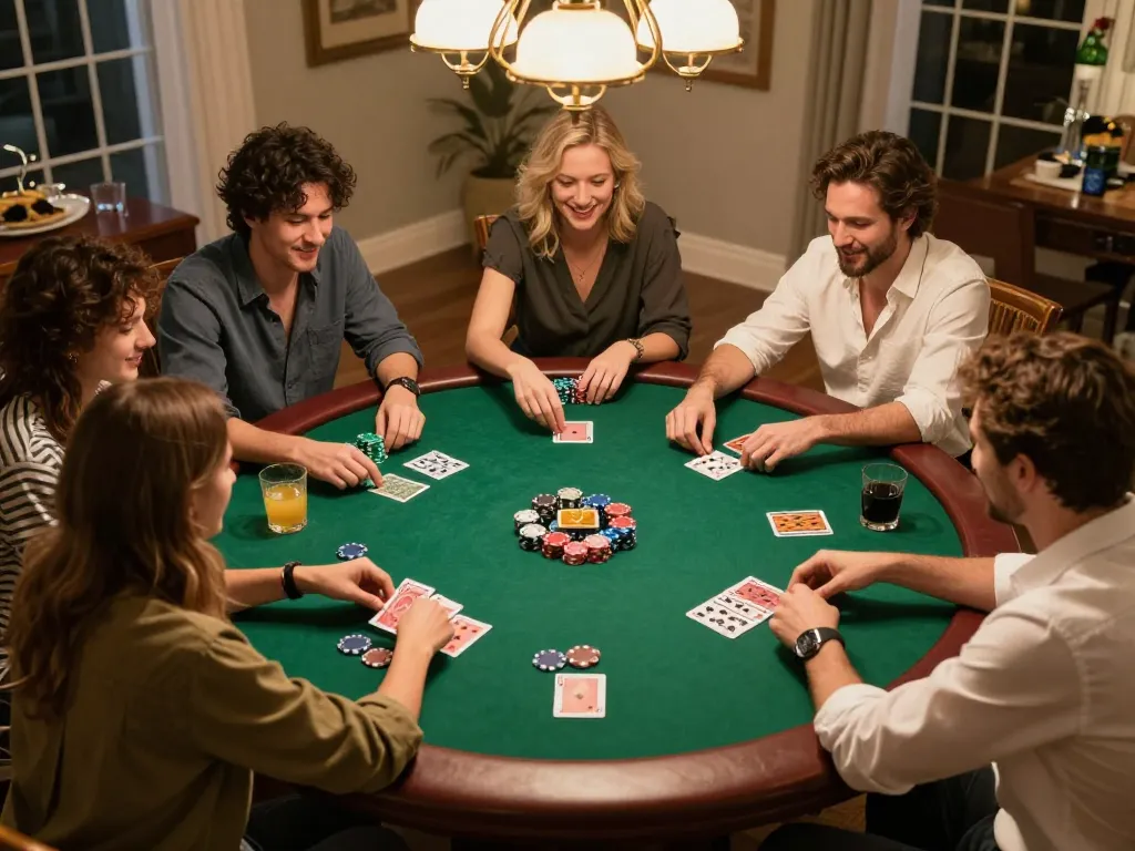 Friends enjoying poker night at home, showcasing strategy and teamwork with keonhacaii88 cards and chips