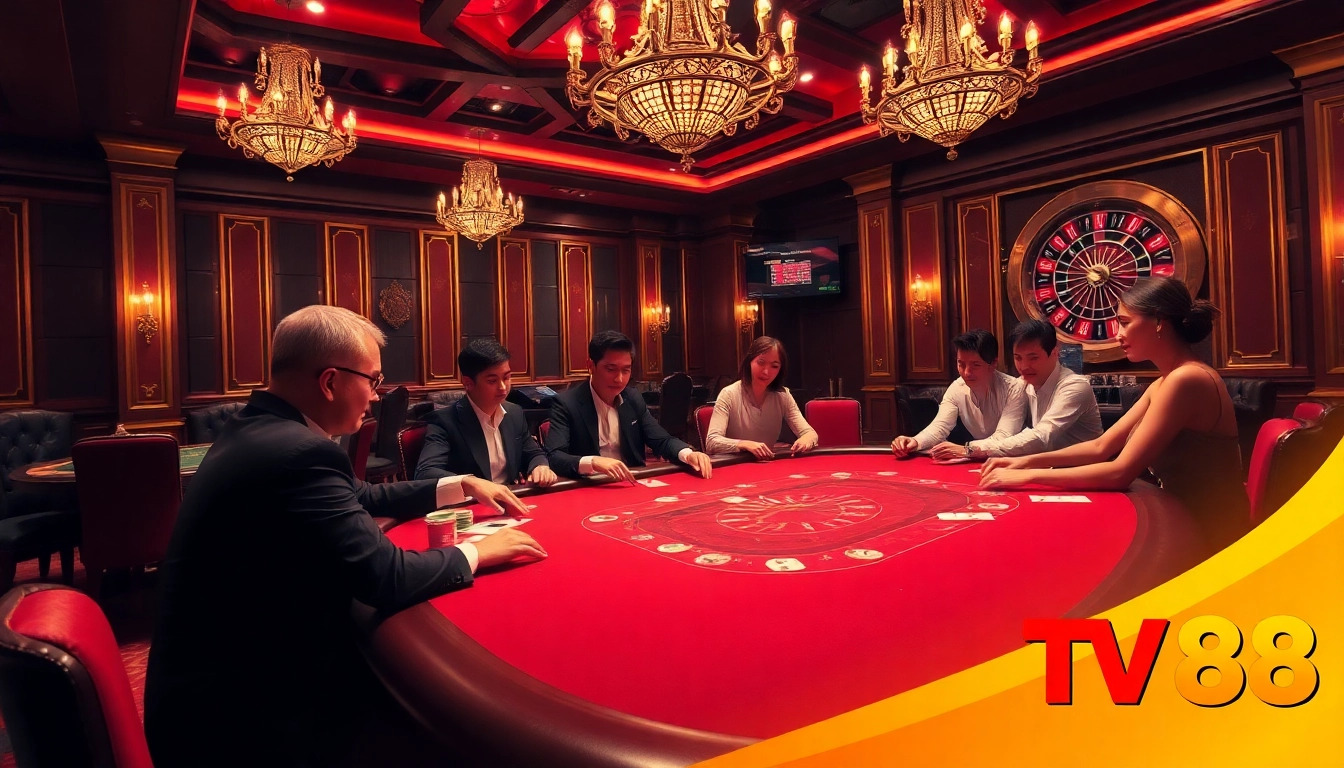 Experience high-stakes excitement with TV88 game in a luxurious casino setting featuring dealers and players.