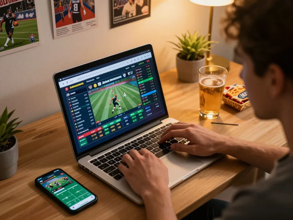 Person engaged in online sports betting on a laptop at home, showcasing 78wingo excitement and strategy in comfortable setting.