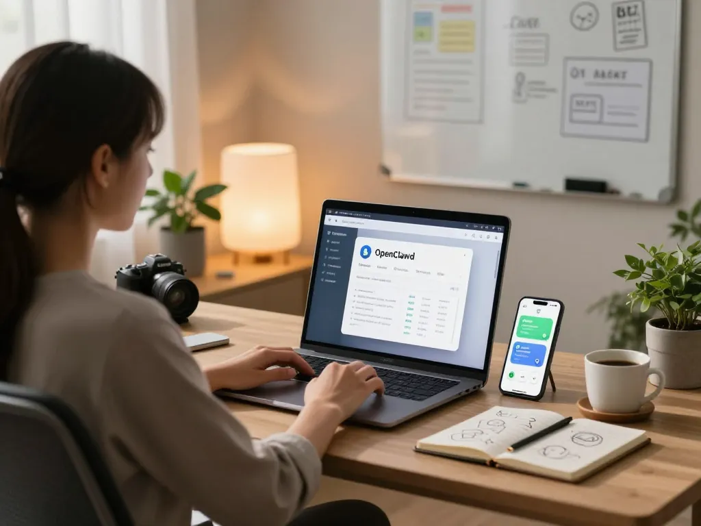 OpenClawd personal AI assistant in a modern home office setup with messaging apps.