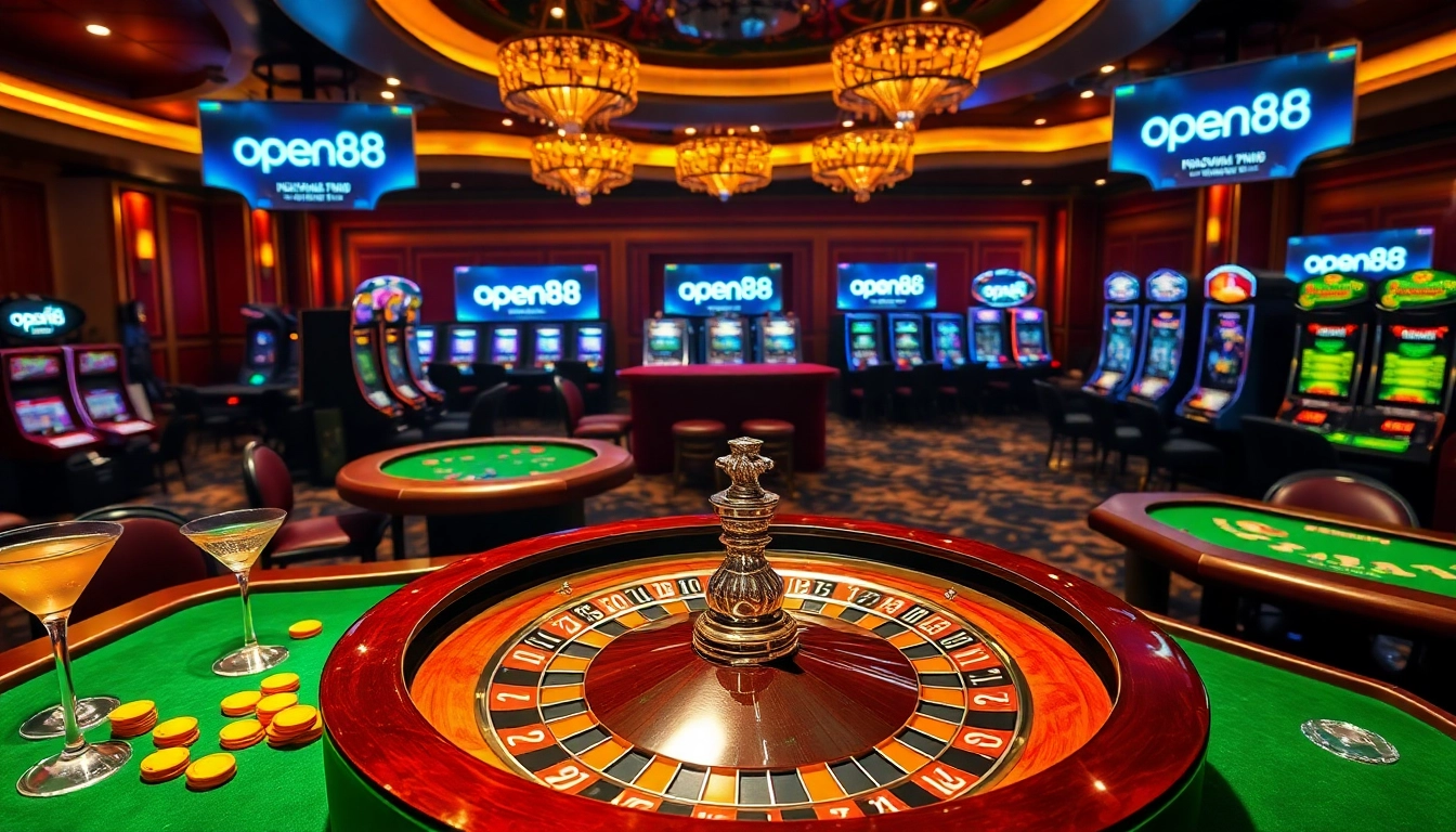 Experience the thrill of betting at open88 with vibrant casino tables and roulette in a luxurious setting.