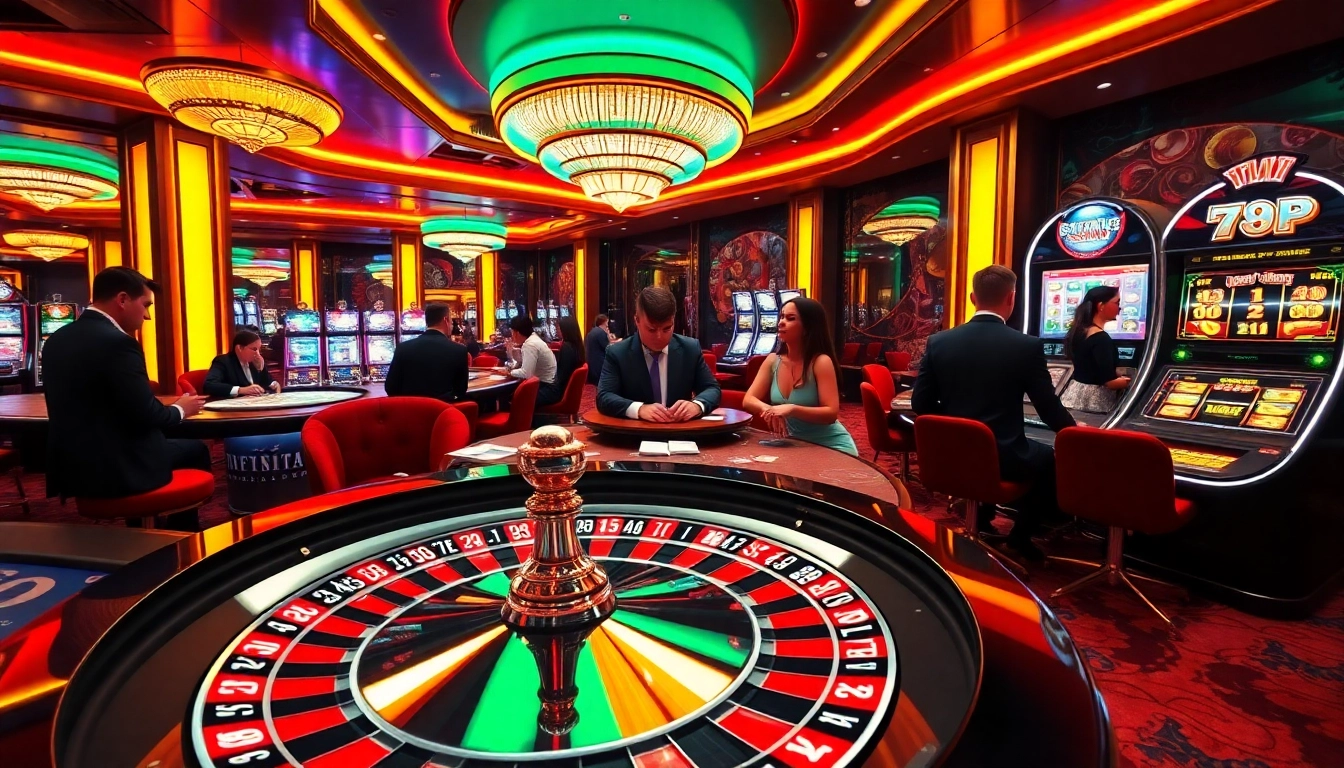 A vibrant casino scene showcasing 789p with players at a roulette wheel and poker table, highlighting excitement and luxury.